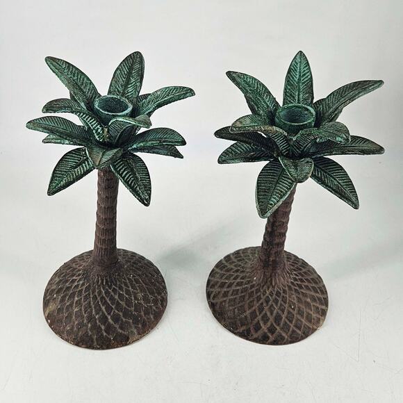 Pair of Tropical Palm Tree Heavy Metal Taper Candle Holders - Picture 2 of 3